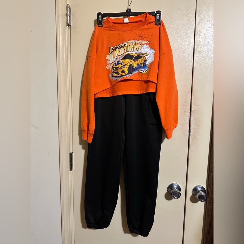SHEIN Kids 3 piece Orange Car Graphic Sweatshirt with Black Joggers